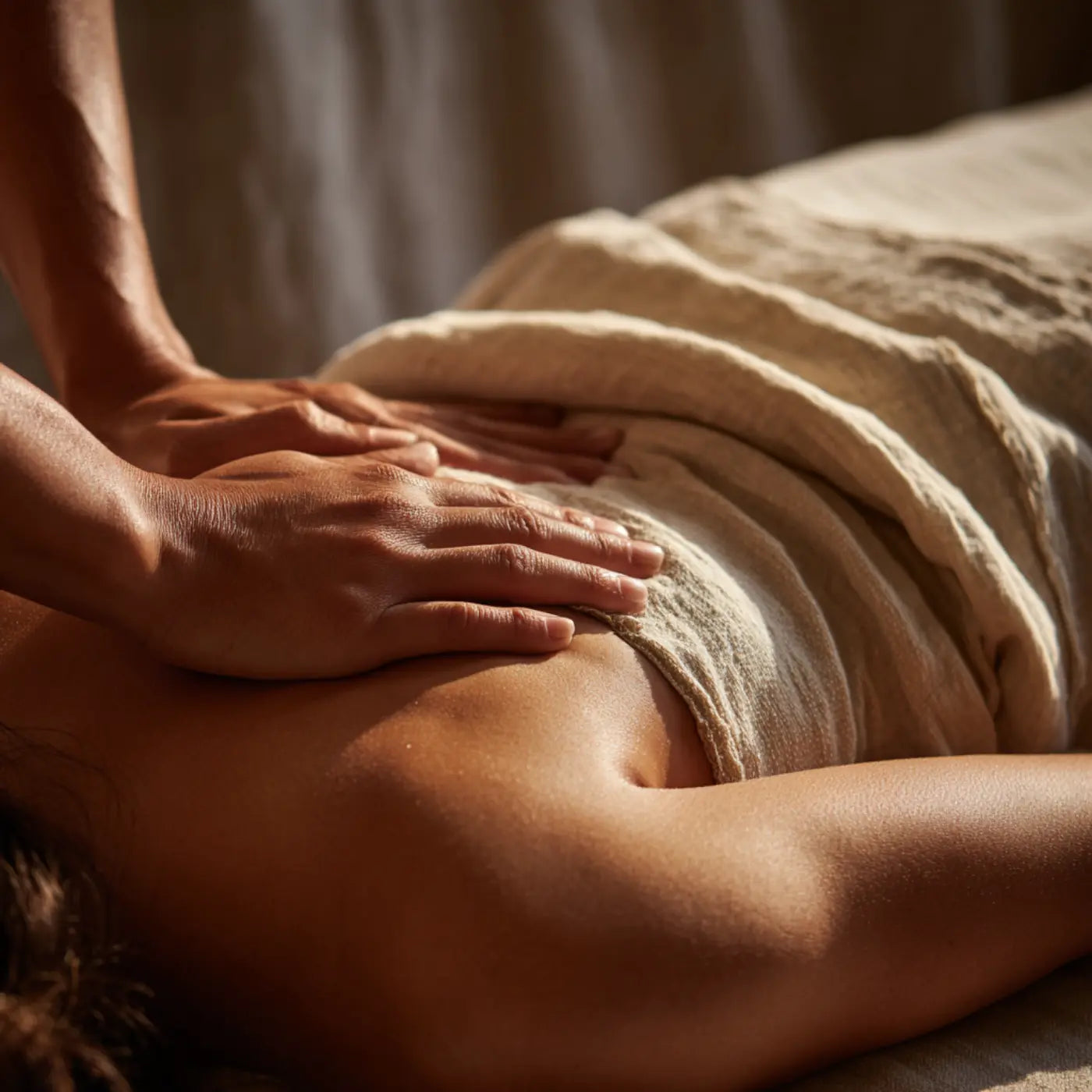 Close-up of hands performing a Brazilian lymphatic drainage massage on the abdomen in warm natural light, showcasing the therapeutic and restorative experience at Body Reset Montecito