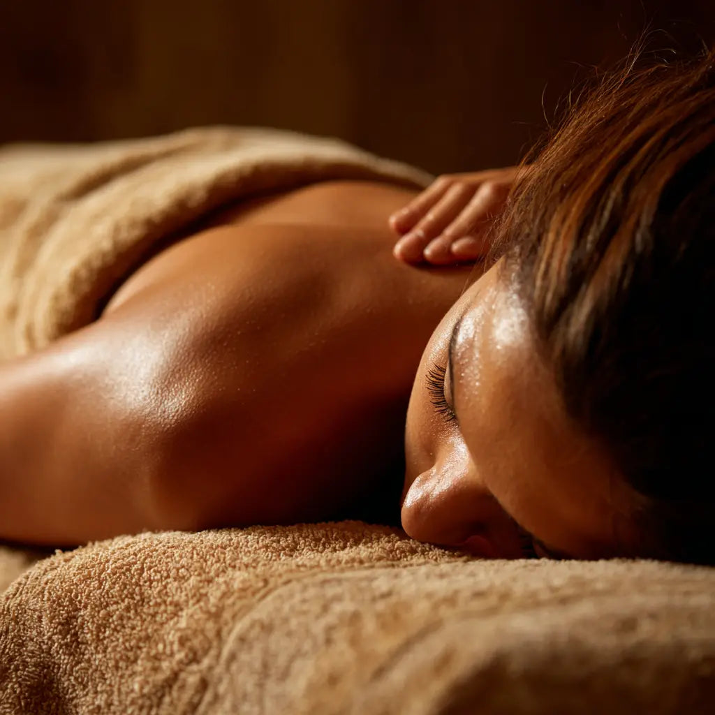Person receiving a lymphatic massage with a warm, brown towel draped over them at body reset montecito