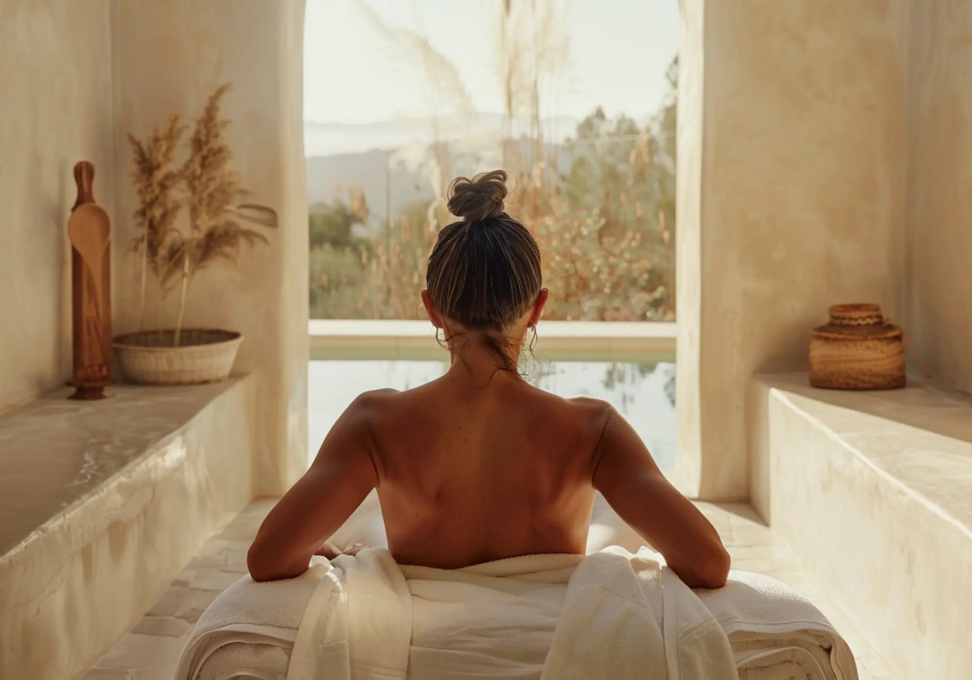 Woman relaxing in a warm minimalist spa room at Body Reset Montecito, overlooking natural light and serene surroundings.