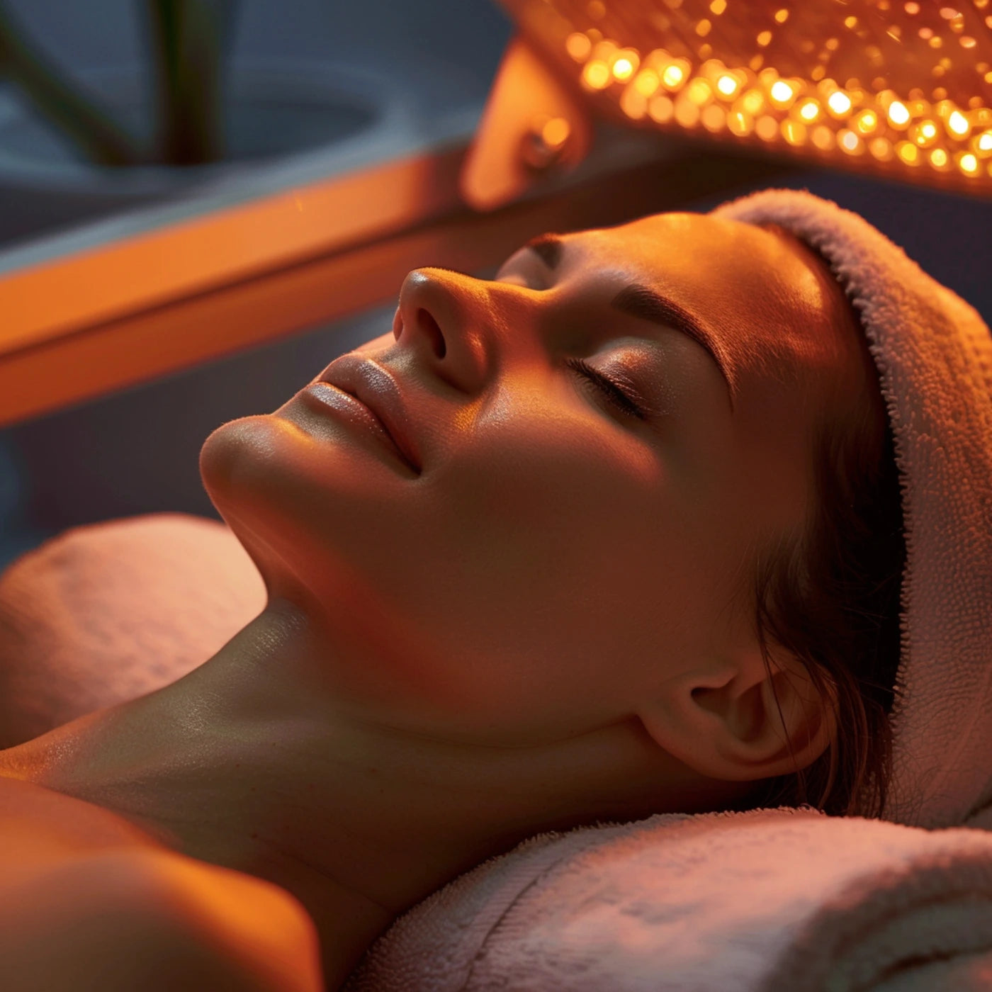 Close-up of a woman relaxing under warm LED red light during a LightStim 30-minute therapy session, highlighting the rejuvenating and restorative experience at Body Reset Montecito