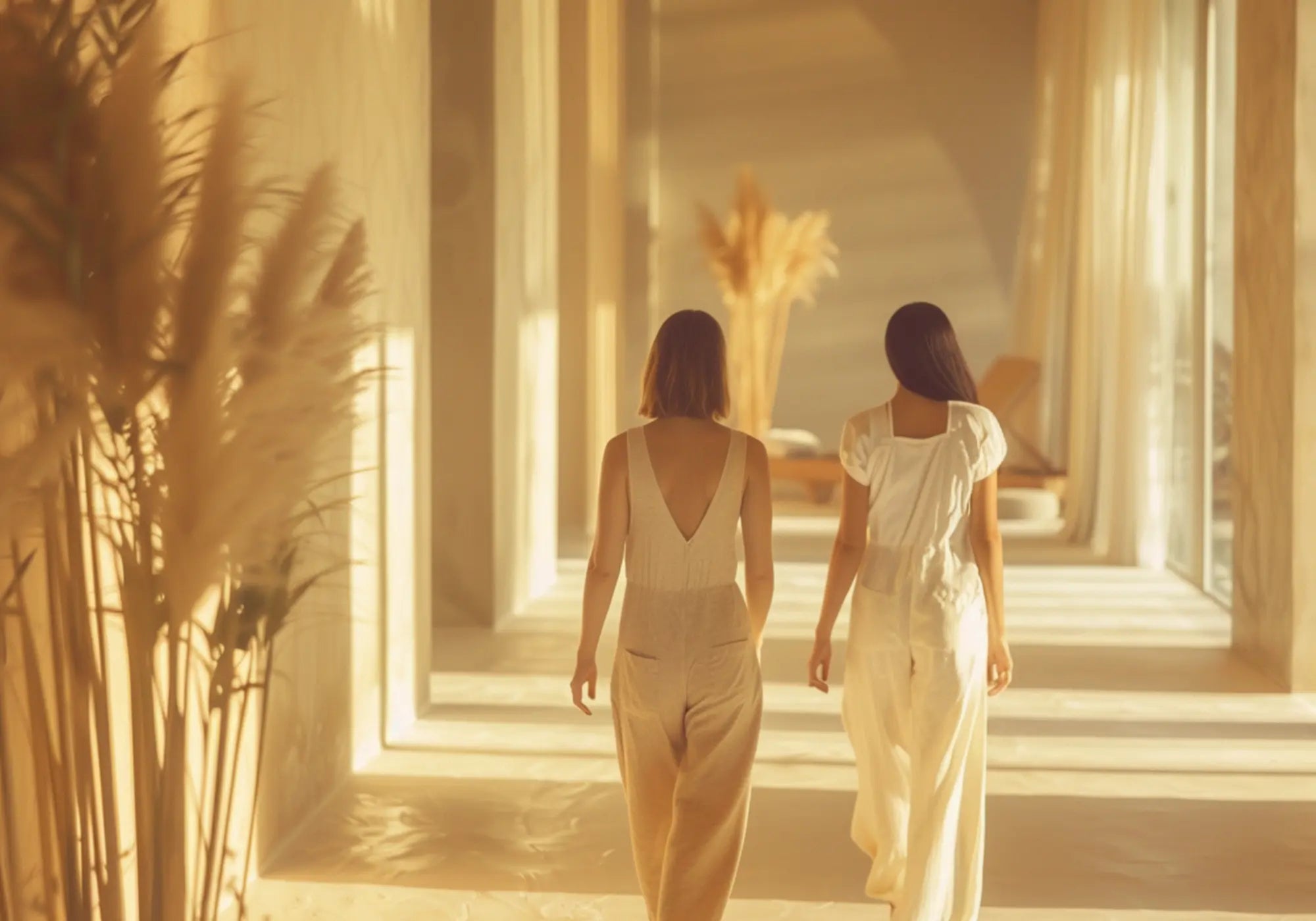 Two women walking through a serene sunlit wellness space, representing the elevated Membership experience at Body Reset Montecito